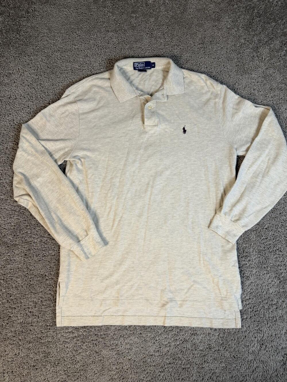 Polo Ralph Lauren Polo Shirt Mens M Beige Long Sleeve 100% Cotton Collared